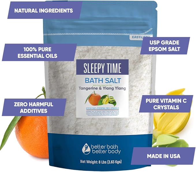 Sleepy Time Bath Salt 128 Ounces (8 Lbs) Epsom Salt with Natural Tangerine and Ylang Ylang Essential Oils Plus Vitamin C in BPE Free Bulk Size Pouch with Easy Press Lock Seal Made in USA