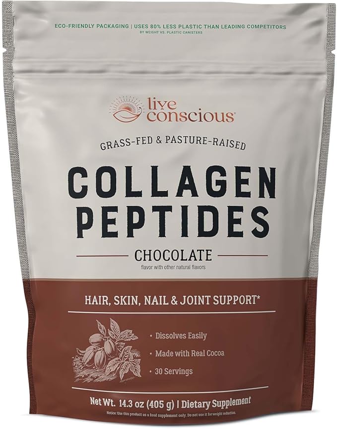 Live Conscious Collagen Peptides Powder - Chocolate Collagen Powder - Hair, Skin, Nail, and Joint Support - Type I & III Grass-Fed Collagen Supplements for Women and Men - 30 Servings - 14.3oz