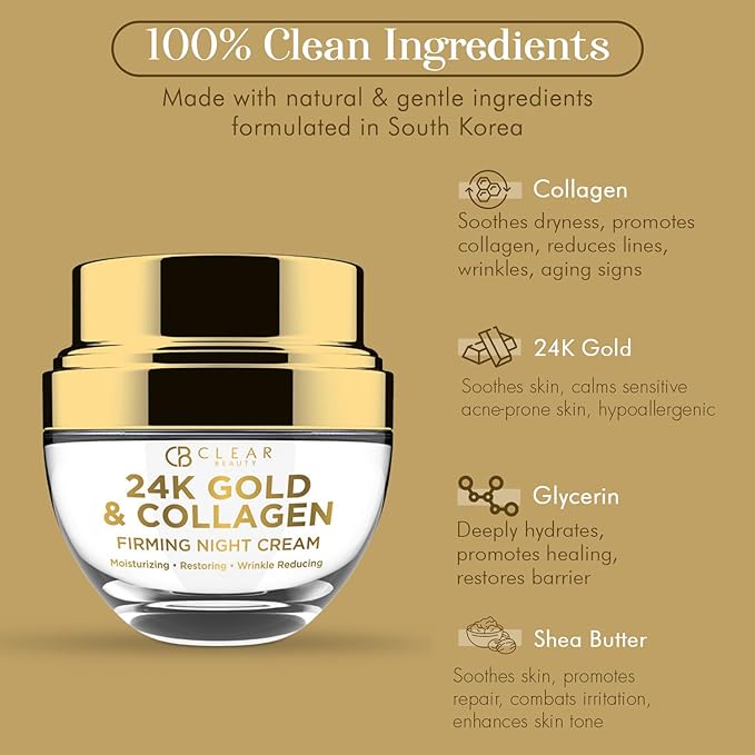 24K Gold & Collagen Night Face Moisturizer - Dermatologist Tested, Reduces Age Spots, Fine Lines & Wrinkles, Lifting & Firming Night Cream, Cruelty-Free Korean Skin Care - All Skin Types