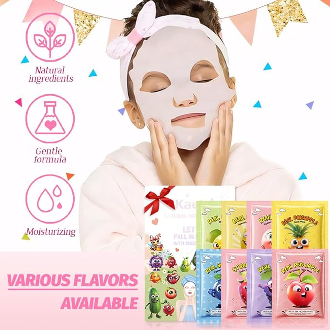Kaely 8 Pack Fruit Face Masks for Kids, Kids Face Mask Spa Day kit Supplies, Spa Party Favors for Teens Girls Women, Sheet Facial Mask Skincare Gifts Set, Moisturize Soothe for All Skin Types, 01