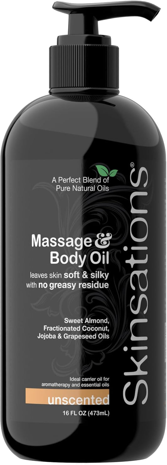 Skinsations - Unscented Massage Oil for Massage Therapy - 16oz | Silky-Soft Blend of Sweet Almond, Fractionated Coconut, Grapeseed and Jojoba Oil | Scented Body Oil, Sore Muscles, Aromatherapy