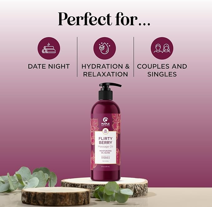 Berry Sensual Massage Oil for Couples - Fun and Fruity Full Body Massage Oil for Date Night with Smooth Gliding Coconut and Sweet Almond Oil with Tempting Berry Scent - Non GMO Gluten Free and Vegan