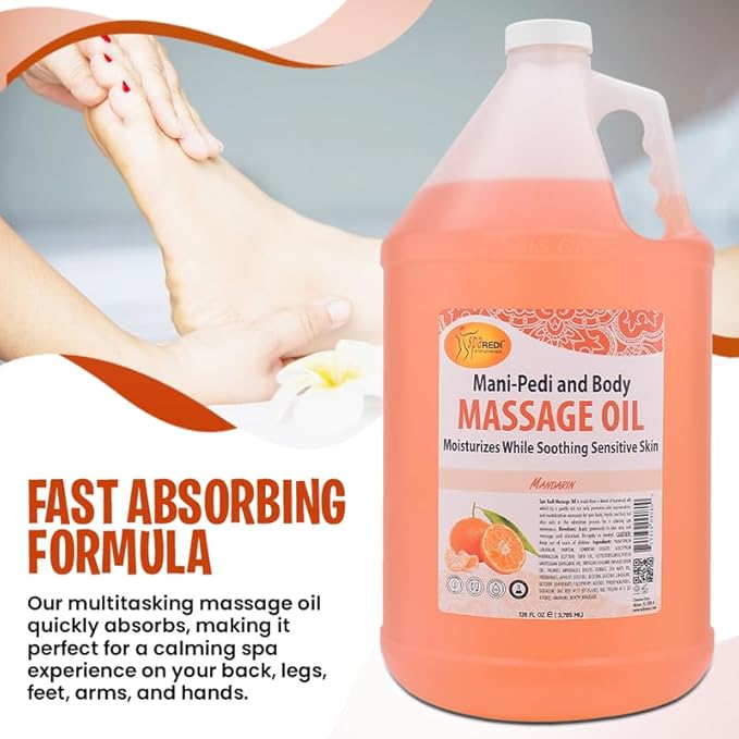 SPA REDI - Mandarin Scented Massage Therapy Oil, 128 Oz - Full Body Massage, Almond, Cotton Seed, Sunflower, Avocado & Essential Oils, Vitamin E