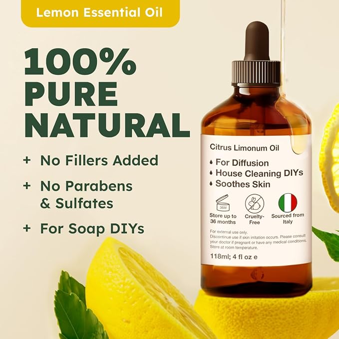 Kukka 100% Pure Lemon Essential Oil - 4 Fl Oz, Natural Fresh Lemon Scent for Diffuser, Aromatherapy, Skin Cleaning & DIY Soap Making - Ideal Mother's Day Gift for Relaxation & Self-Care