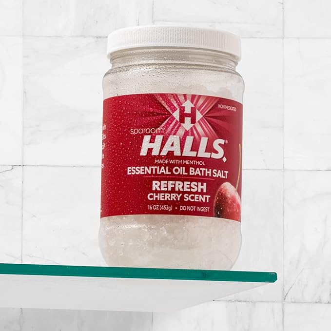 Halls Refresh Menthol with 100% Pure Essential Oils Aromatherapy Bath Salts, 16 oz, Eucalyptus, Menthol and Cherry Scent