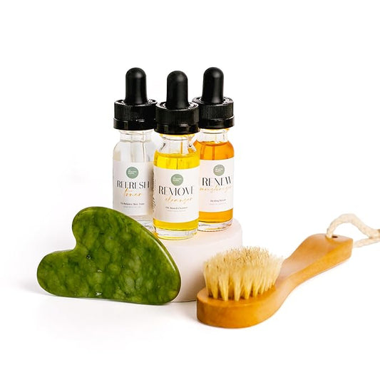 Healing Happy Method – Natural Skincare Trial Kit | 15ml Cleanser, Toner & Moisturizer + Face Brush & Gua Sha | Compact Facial Gift Set for Travel & Self-Care