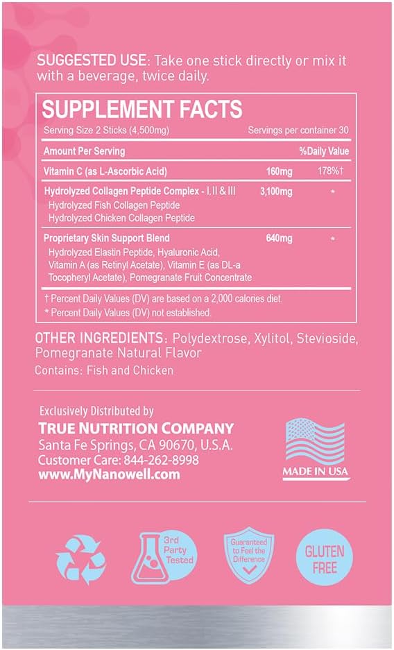 3H Collagen Peptide Powder - Types I, II, & III with Vitamin C, Hydrolyzed Elastin Peptide & Hyaluronic Acid - Supports Hair, Skin, Nails, Joints & Bones - 60 Sticks, 30 Day Supply