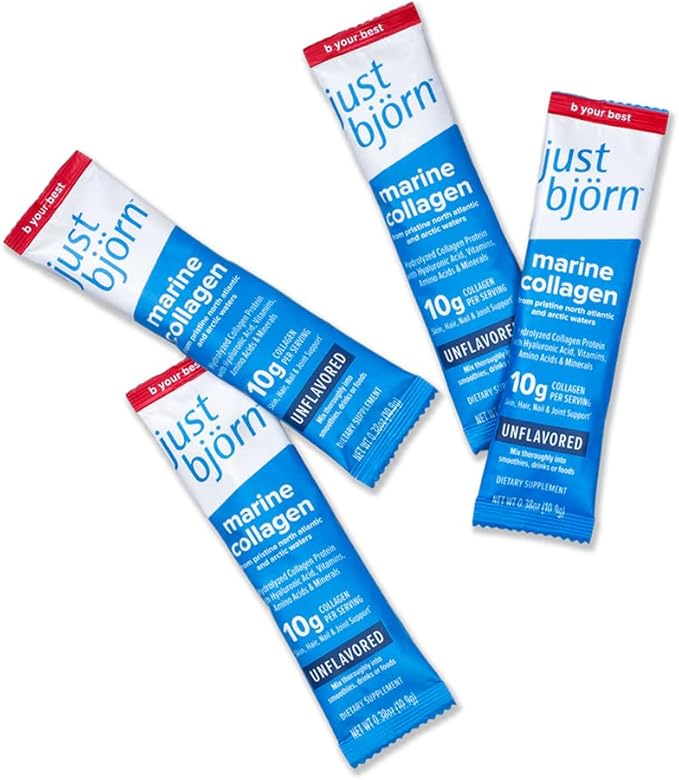Just Bjorn Marine Collagen Peptide Powder On-The-go Stick Packs (10ct) Marine Collagen Peptide Powder 30 Serving Pouch (11.5 oz) | Skin, Hair, Nail and Joint Support + Hyaluronic Acid