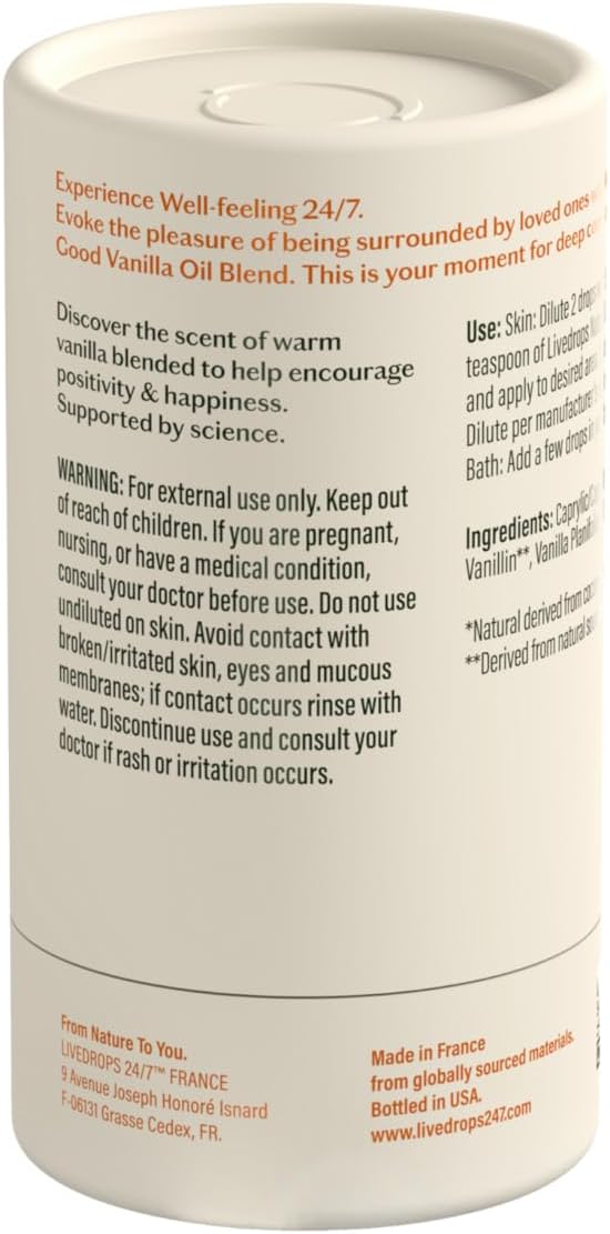 LIVEDROPS 24/7 Vanilla Oil Blend, Feel Good. Madagascar Vanilla Planifolia. Warm & Creamy. Natural Aromatherapy. Diffusor Compatible & dilute in Carrier Oil for Skin. Clinically Tested.