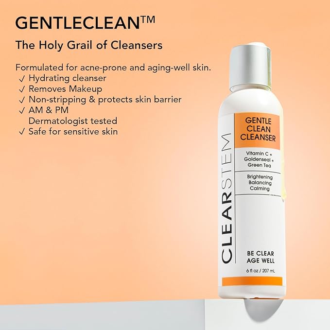 CLEARSTEM - GENTLECLEAN Vitamin C Infused Calming Wash - Facial Cleanser, Makeup Remover - Goldenseal + Green Tea - Facial Skin Care Products - Vegan, Gluten Free, Cruelty Free - 6 fl oz / 207ml