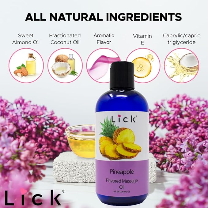 Lick Pineapple Passion Flavored Massage Oil – Sweet, Tropical, Body Safe for Intimacy & Romance, 8 oz
