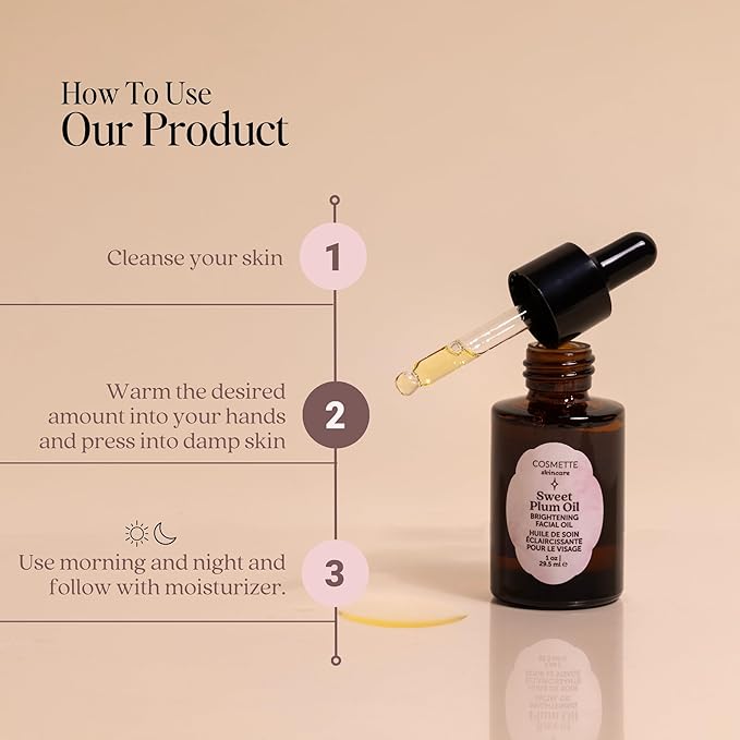 Cosmette Sweet Plum Vitamin C Facial Oil With Grape Seed, Almond, Coconut & Castor Oils, Hydrating Daily Face Oil to Support & Protect Skin Health, Plant Based Natural Skin Care, Vegan, 1 FL Oz
