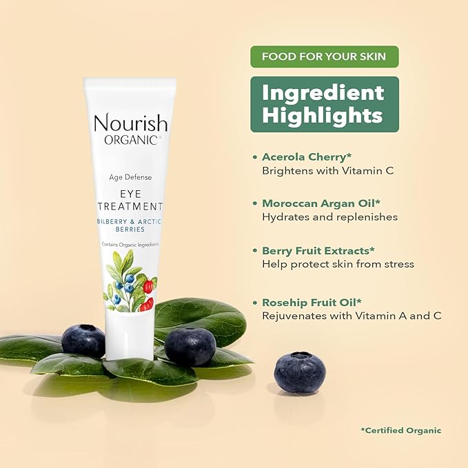 Nourish Organic Eye Treatment, Bilberry & Arctic Berries – Age Defense Under Eye Cream with Vitamin C + Washable Cotton Round