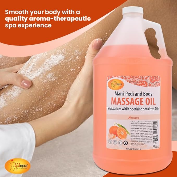 SPA REDI - Mandarin Scented Massage Therapy Oil, 128 Oz - Full Body Massage, Almond, Cotton Seed, Sunflower, Avocado & Essential Oils, Vitamin E