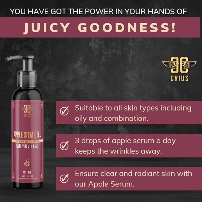 Apple Stem Cell Face Serum with Hyaluronic Acid and Vitamin C, Skin Rejuvenation and Rehydration, 6 Oz.
