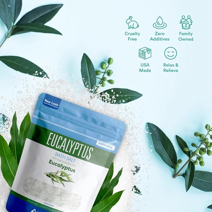 Eucalyptus Bath Salt 32 Ounces Epsom Salt with Natural Eucalyptus Essential Oil Plus Vitamin C in BPA Free Pouch with Easy Press-Lock Seal