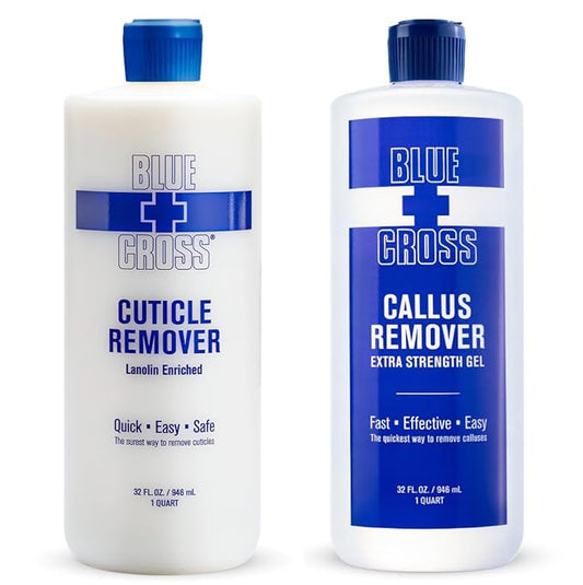 Blue Cross Hydrating, Moisturizing, Strengthening Cuticle Remover Oil with Lanolin + Extra Strength Callus Remover Gel for Heel or Feet, 32 oz each, 2 pack Professional Bundle