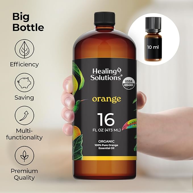 Healing Solutions Orange Essential Oil - Bulk, 16oz Organic Bottle - Sweet Orange for Cleaning & Skin Care