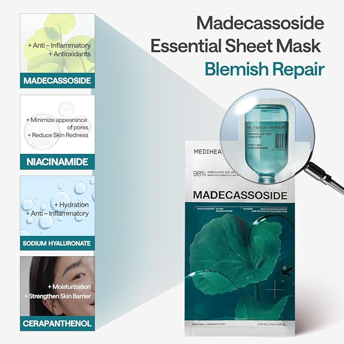 Mediheal Madecassoside Essential Sheet Mask Blemish Repair 4 pcs. 98% Purity Madecassoside & Hyaluronic Acid Included. Enhancing Moisture Barrier & Skin Texture Care. Vegan Formula Sheet Mask