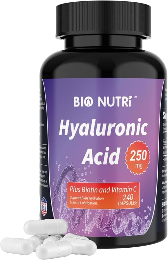 Hyaluronic Acid Supplements - 250mg Pure Hyaluronic Acid with Vitamin C & Biotin - Hyaluronic Acid Capsules for Skin, Hair & Joint Support - 240 Capsules
