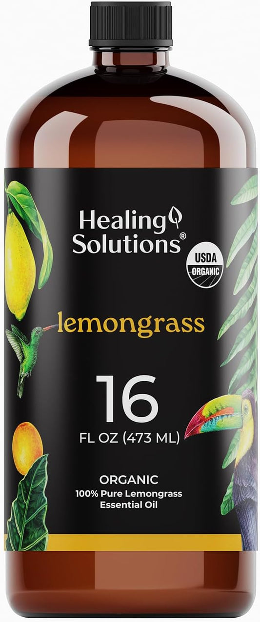Healing Solutions Organic Lemongrass Essential Oil - 16oz Bulk for Candle Making, Aromatherapy, Cleaning & Diffuser - Organic Lemon Grass
