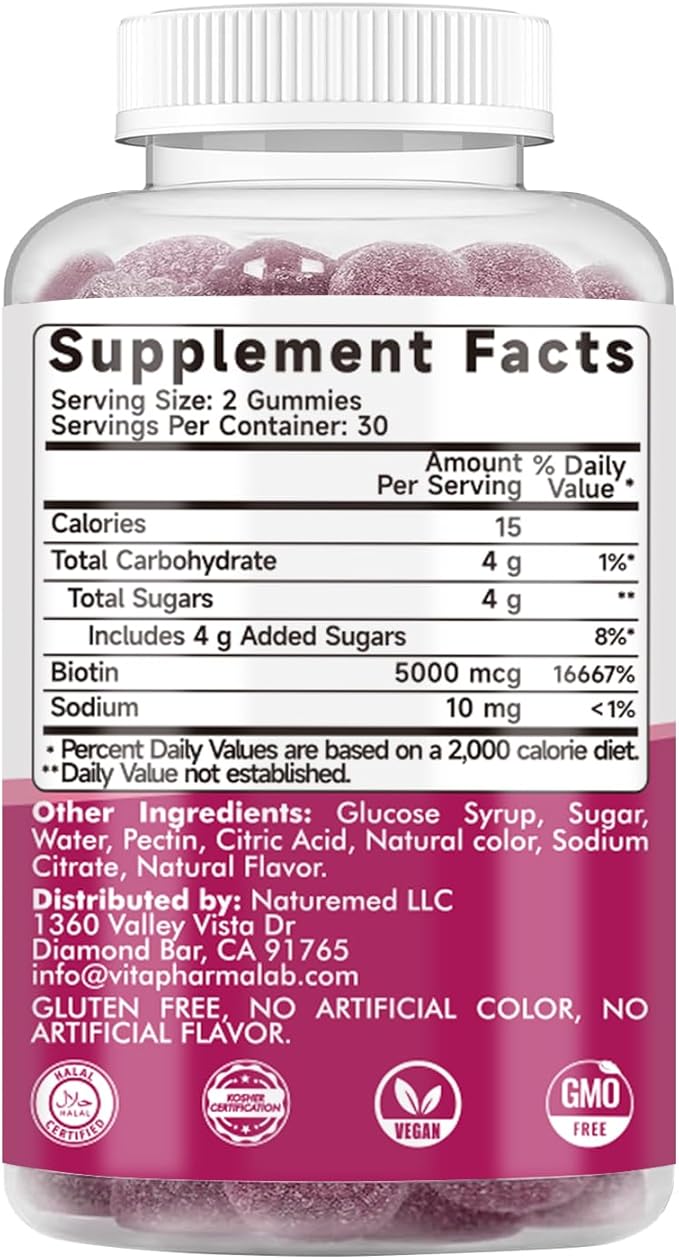Gynable Biotin Gummies Vitamin B7, 5000 mcg, Hair Skin and Nails Supplement, 60 Count, 2 Month Supply
