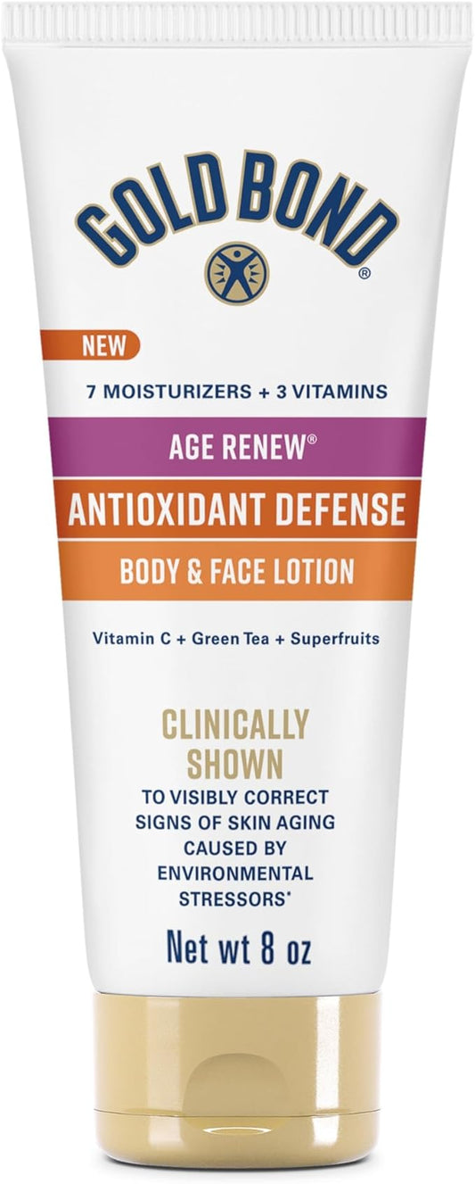 Gold Bond Age Renew Antioxidant Defense Body & Face Lotion, Brightens, Smooths & Evens Skin Tone, Nongreasy Moisturizer With Vitamin C, Superfruits & Green Tea, 8 oz.
