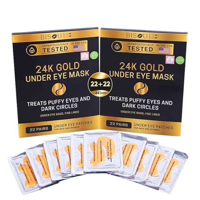 24K Gold Under Eye Patches (44 Pairs) – Collagen Masks for Dark Circles, Puffiness & Wrinkles – Skincare Treatment for Women