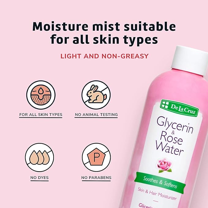 De La Cruz Rose Water and Glycerin for Face - Rosewater Facial Toner and Moisturizer for Skin and Hair 8 fl oz (236 mL) - 10 Bottles