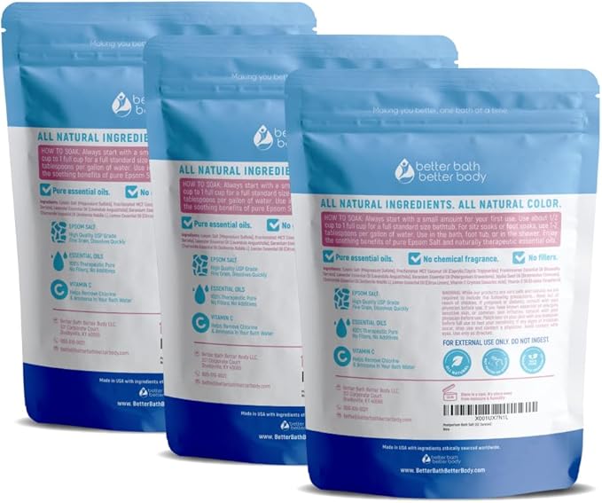 Postpartum Bath Salt (3 Pack with Scoop) Postpartum Bath Soaks USP Grade Epsom Salt with Pure Essential Oils in BPA Free Pouch with Press Lock Seal Made in USA Three 2 Lbs Pouches 6 Lbs Total