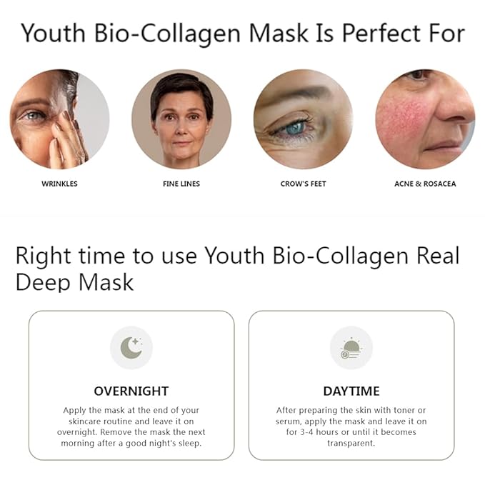 Youth Bio-Collagen Overnight Face Mask - Youth Skin Collagen Mask, Korean Glass Skin Face Masks Skincare, Hydrating Overnight Hydrogel Mask, Pore Minimizing, Elasticity Improvement (34gx8ea)