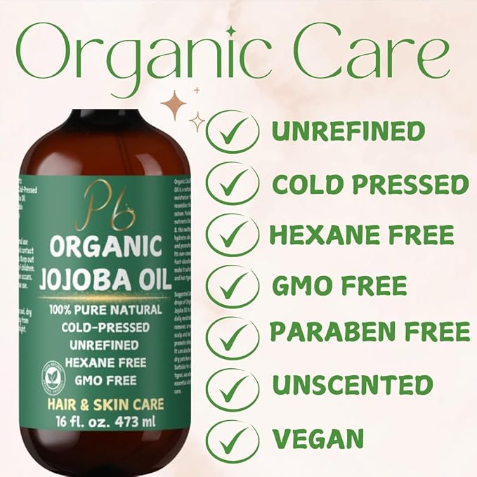 Organic Jojoba Oil– 100% Pure, Cold-Pressed, Unrefined & Hexane-Free – Golden Jojoba Oil for Face, Body, Hair & Nails – Supports Hair Growth, Anti-Aging & Wrinkle Reduction – 16 fl oz Glass Bottle