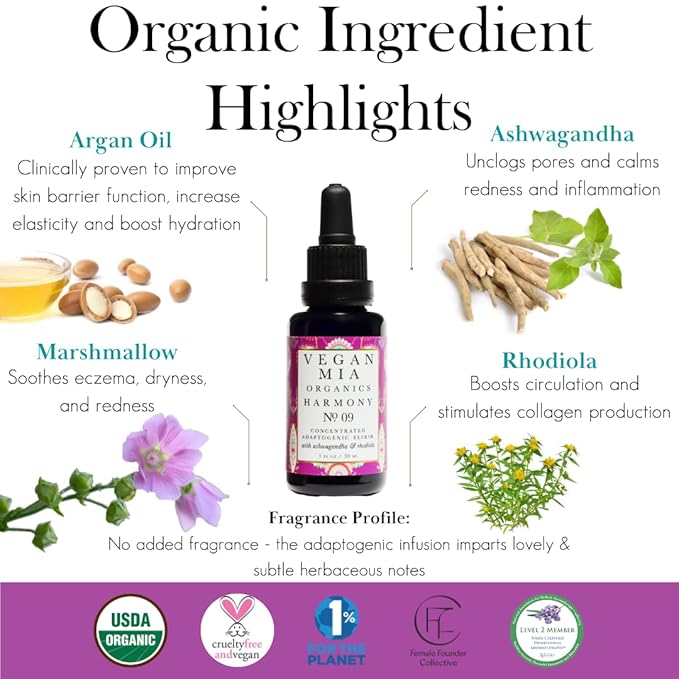 USDA Organic Harmony Adaptogen Elixir Face Oil - Face Moisturizer For Dry Skin, Blemishes, Redness & Fragrance Sensitivities - with Licorice, Ashwagandha, Rhodiola Root & More - 1 fl oz
