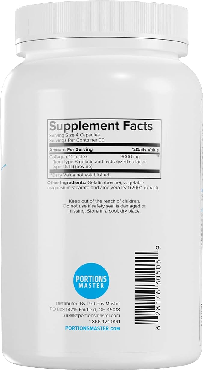 Collagen 3000mg - 120 Capsules, Non GMO, Hair Skin, Nails & Bones Support