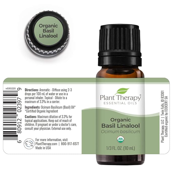Plant Therapy USDA Certified Organic Basil Linalool Essential Oil 10 mL (1/3 oz) 100% Pure, Therapeutic Grade