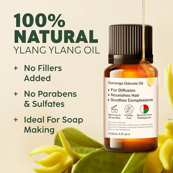 Kukka Ylang-Ylang Essential Oil for Skin Hair & Diffuser - 0.34 Fl Oz - 100% Pure Natural, Floral Scent, for Aromatherapy,Bath Bomb & Soap Making Scent DIY