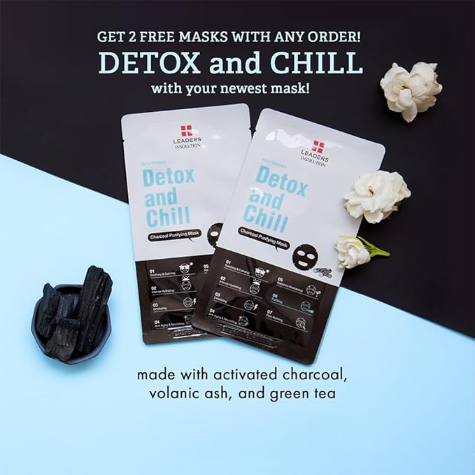 Leaders Insolution Daily Wonders Detox and Chill Facial Mask Sheet Activated Charcoal Purifying Pore Minimizing Exfoliating Dead Skin Korean Skincare (10 Sheets)