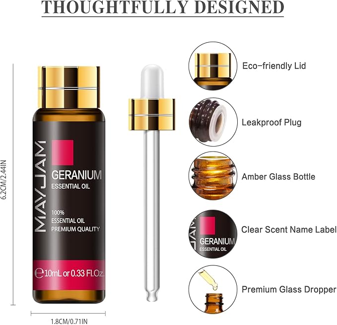 Geranium Essential Oil, MAYJAM 10ML/0.33FL.OZ Premium Geranium Oils for Soap Candle Making, Diffuser, Bedroom, Living Room, Office
