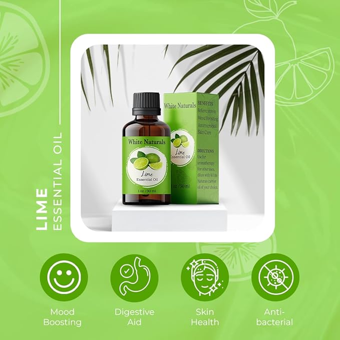 White Naturals Lime Essential Oil – 100% Pure & Natural Cold-Pressed Lime Oil, Fresh & Uplifting Citrus Aroma, Ideal for Aromatherapy, Cleaning & DIY Skin Care, 1oz