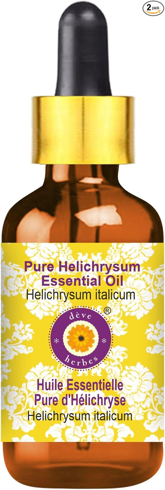 Deve Herbes Pure Helichrysum Essential Oil (Helichrysum italicum) with Glass Dropper Steam Distilled 2ml (0.06 oz)