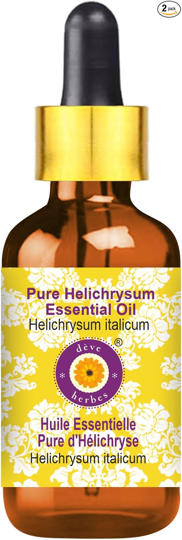 Deve Herbes Pure Helichrysum Essential Oil (Helichrysum italicum) with Glass Dropper Steam Distilled 10ml (0.33 oz)