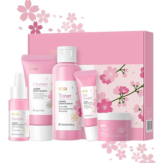 Skincare Set Japan Sakura Skin Care Set - Skincare Kits Gifts for Teen Girls, Travel Kit for Women Skin Care Routine Kit: Cleanser, Toner, Serum, Eye Cream, Face Cream, Beauty Christmas Gifts Set
