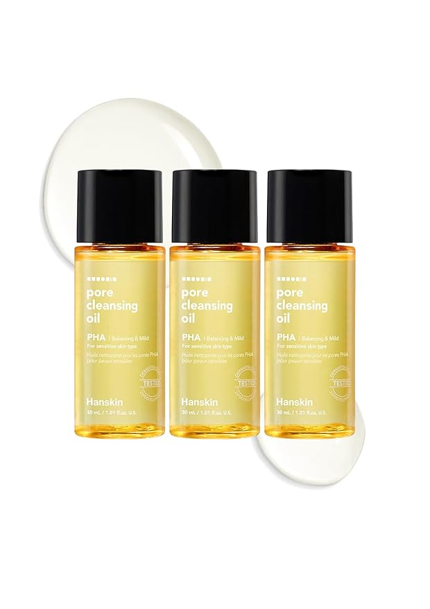 Hanskin PHA Trial Size Pore Cleansing Oil, Gentle Blackhead Cleanser and Makeup Remover for Combination and Oily Skin Travel Size Mini Makeup Remover Set [1 oz/Pack of 3]