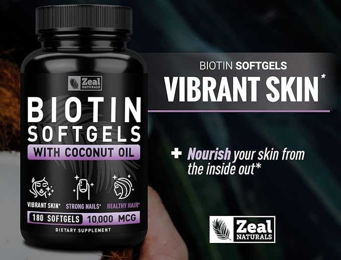 Zeal Naturals Biotin with Coconut Oil for Hair 10000mcg (180 Softgels) Biotin Supplement - Biotin Pills for Hair Skin and Nails Vitamins for Women Biotin Capsules for Men Hair Growth 6 mo Supply