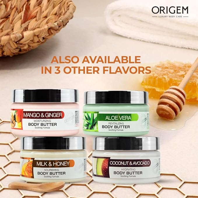 ORIGEM Body Butter for Dry Skin – Ultra-Nourishing & Hydrating Cream with Aloe Vera, Argan Oil, Shea Butter & Honey – Moisturizer for Soft, Smooth Skin – 8 Oz