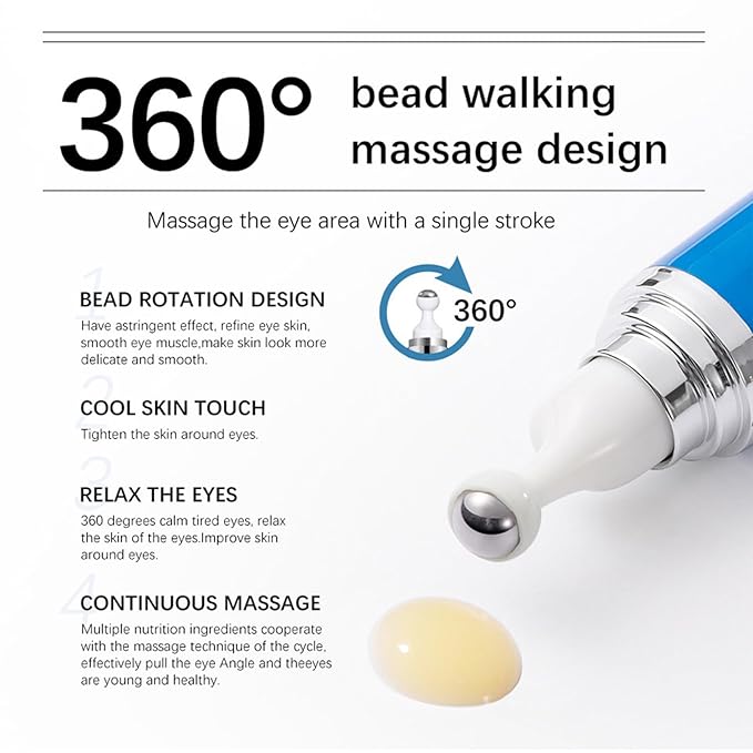 5% Caffeine Eye Serum, Anti-Aging Under Eye Roller Cream for Dark Circles Puffiness Wrinkles and Fine Lines, Korean Eye Care Cream with 360°Massage Ball, Eye Bags Treatment for Men and Women