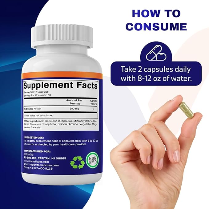 Vitamatic Hydrolyzed Keratin 500mg per Serving - 120 Vegetarian Capsules - Keratin Supplements for Healthy Hair Skin & Nails for Adults