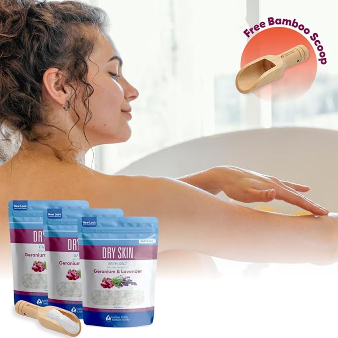 Dry Skin Bath Salt (3 Pack with Scoop) Skin Soothing Epsom Salt with Pure Essential Oils in BPA Free Pouch with Press Lock Seal Made in USA Three 2 Lbs Pouches 6 Lbs Total