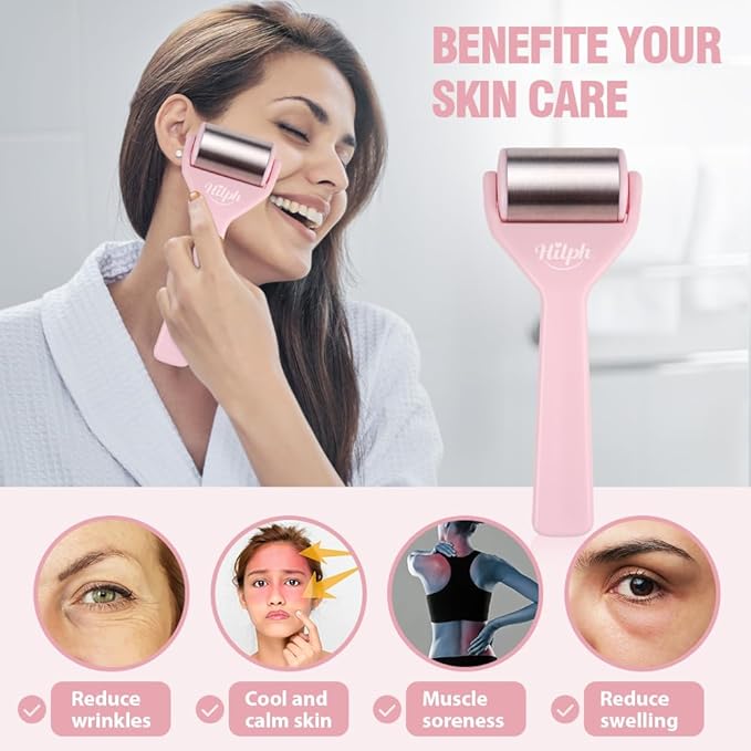 Hilph Ice Roller for Face Metal, Stainless Steel Ice Face Roller for Skin Care, Cold Facial Massager Roller for Puffiness, Eye Bags (Pink)