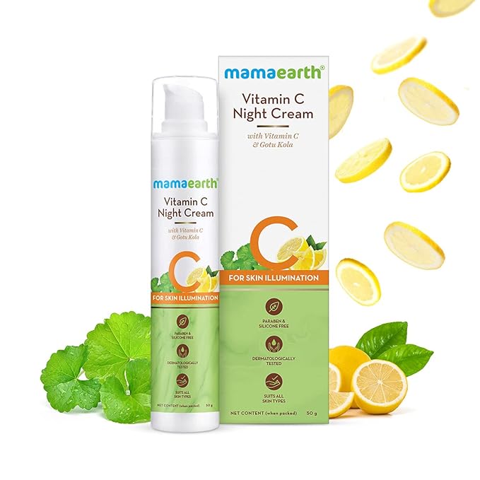 Mamaearth Vitamin C Night Cream for Skin Illumination | Helps Reduce Spots & Replenishes Lost Radiance | Enhances Collagen with Gotu Kola | 1.76 Oz (50g)